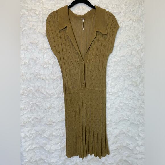 Free People Women's Open Knit Collared Dress Size Small Mustard Color Coquette - Picture 1 of 13